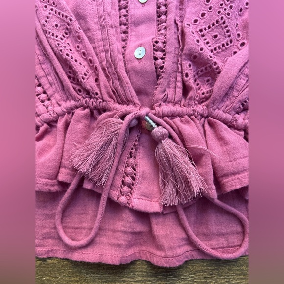 LUCKY BRAND Raspberry Pink Puff Sleeve Blouse with Tassel Tie in the Front Boho - Picture 4 of 12